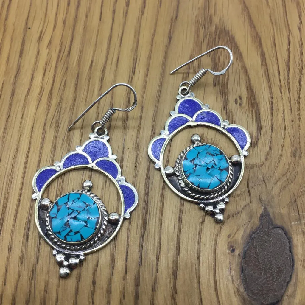 Digital Dress Women's Beautiful Blue & Turquoise,Lapis Lazuli Gemstone Nepali Tibetan Earring Handmade Silver Plated Dangle & Drop Earrings Traditional Antique Lightweight Afghani Jewelry