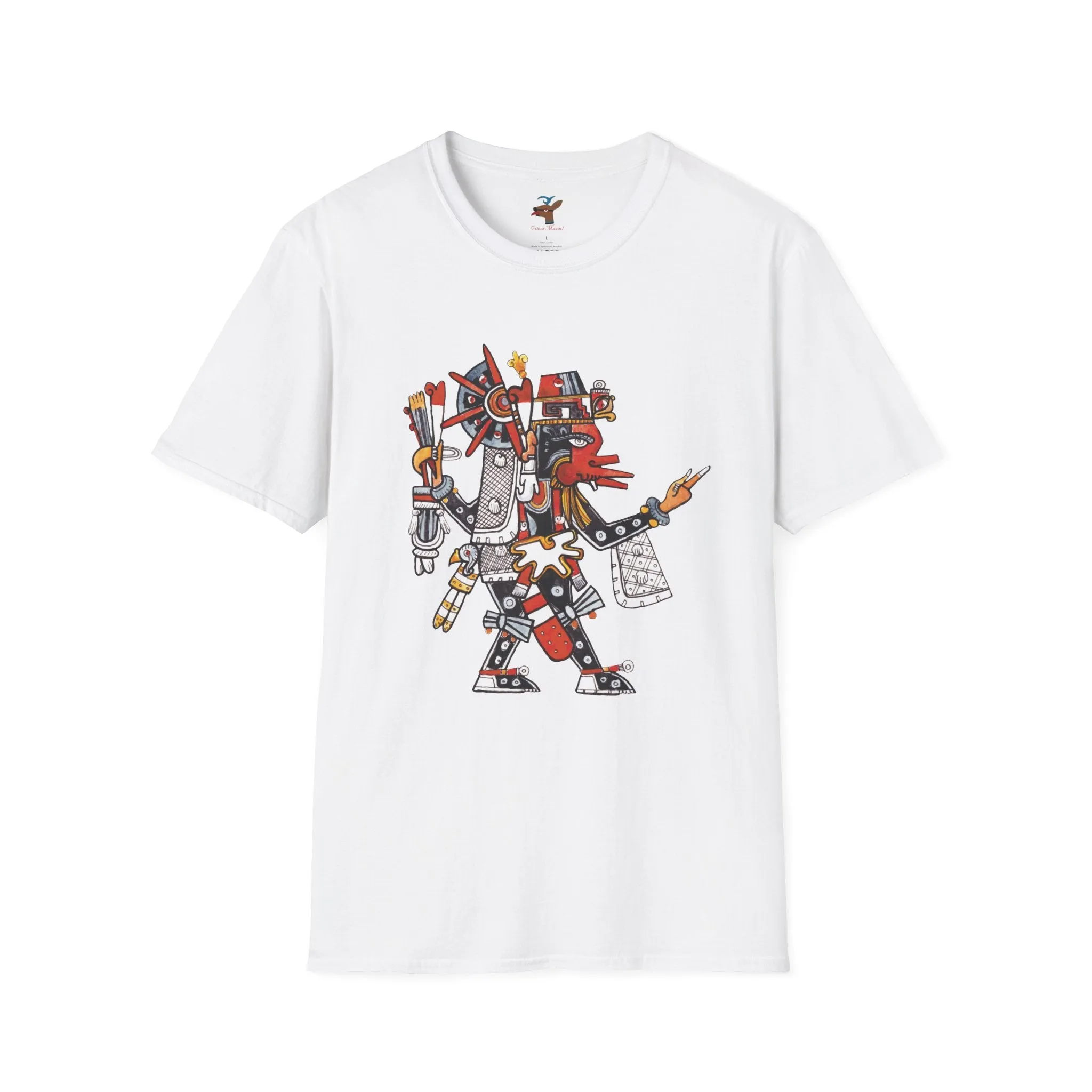 Divine Twins QUETZALCOATL and XOLOTL Double sided Softstyle T-Shirt| east direction| aztec dance| danza azteca| apparel| clothing| tshirt