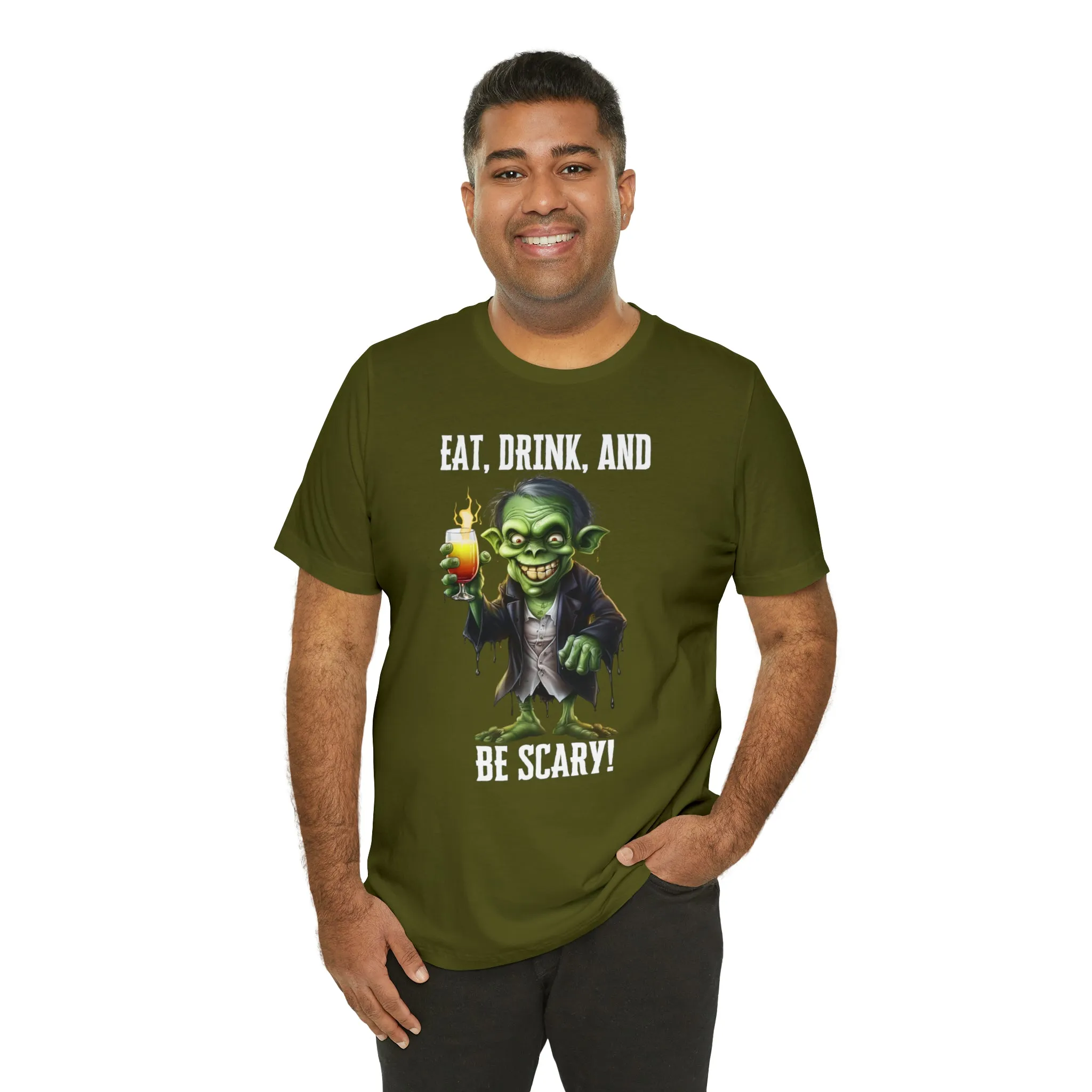 Eat Drink and Be Scary Halloween T-Shirt | Creepy Scary Ghoul Tee |  Bella Canvas 3001Unisex | Ghoul Drinking Short Sleeve Tshirt