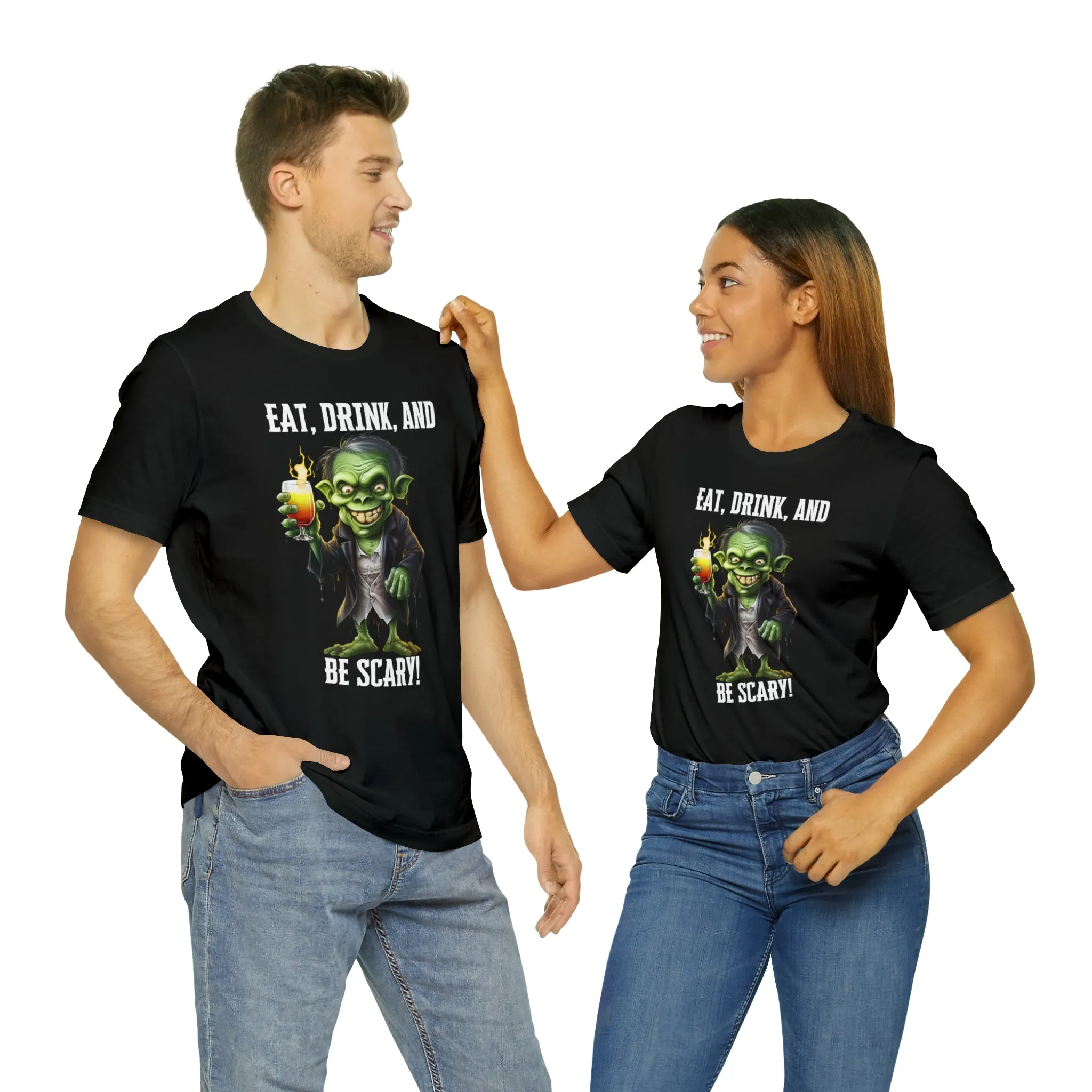 Eat Drink and Be Scary Halloween T-Shirt | Creepy Scary Ghoul Tee |  Bella Canvas 3001Unisex | Ghoul Drinking Short Sleeve Tshirt