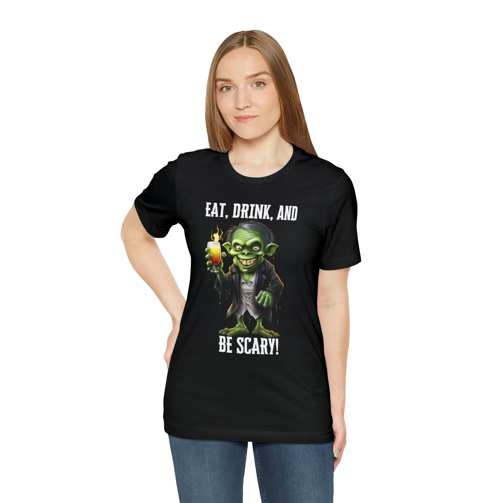 Eat Drink and Be Scary Halloween T-Shirt | Creepy Scary Ghoul Tee |  Bella Canvas 3001Unisex | Ghoul Drinking Short Sleeve Tshirt