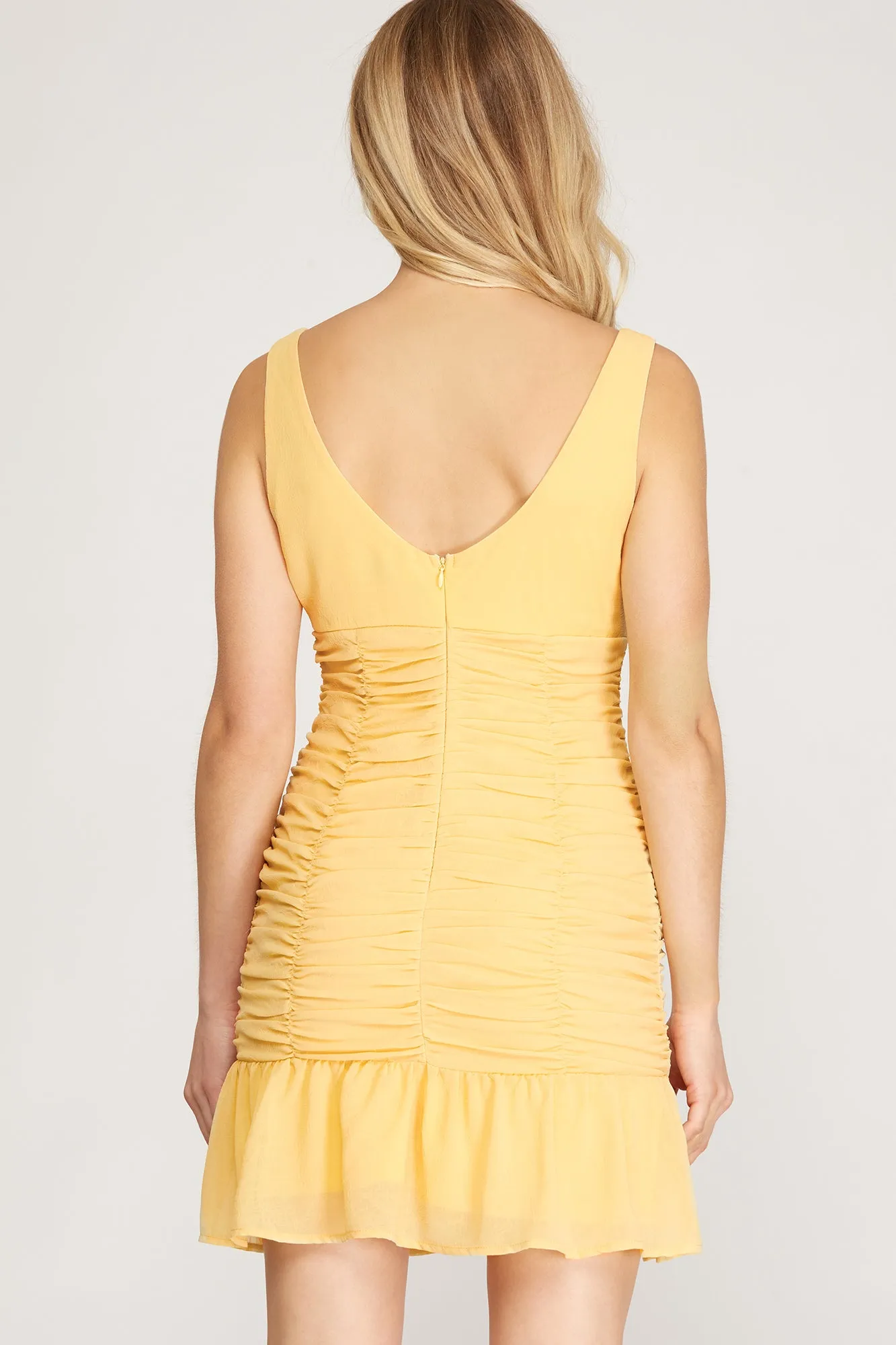 ELIANE WOVEN RUCHED YELLOW MINI DRESS