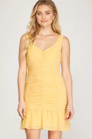 ELIANE WOVEN RUCHED YELLOW MINI DRESS