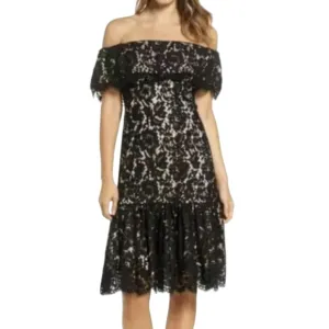 ELIZA J Off Shoulder Lace Midi Dress 8 Black Lace Overlay Nude Ruffle Hem
