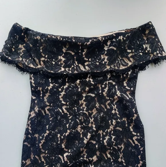ELIZA J Off Shoulder Lace Midi Dress 8 Black Lace Overlay Nude Ruffle Hem