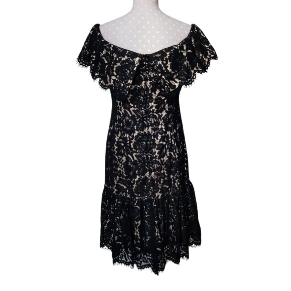 ELIZA J Off Shoulder Lace Midi Dress 8 Black Lace Overlay Nude Ruffle Hem