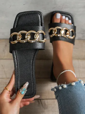 Embossed Gold Chain Flat Slouchy Sandals