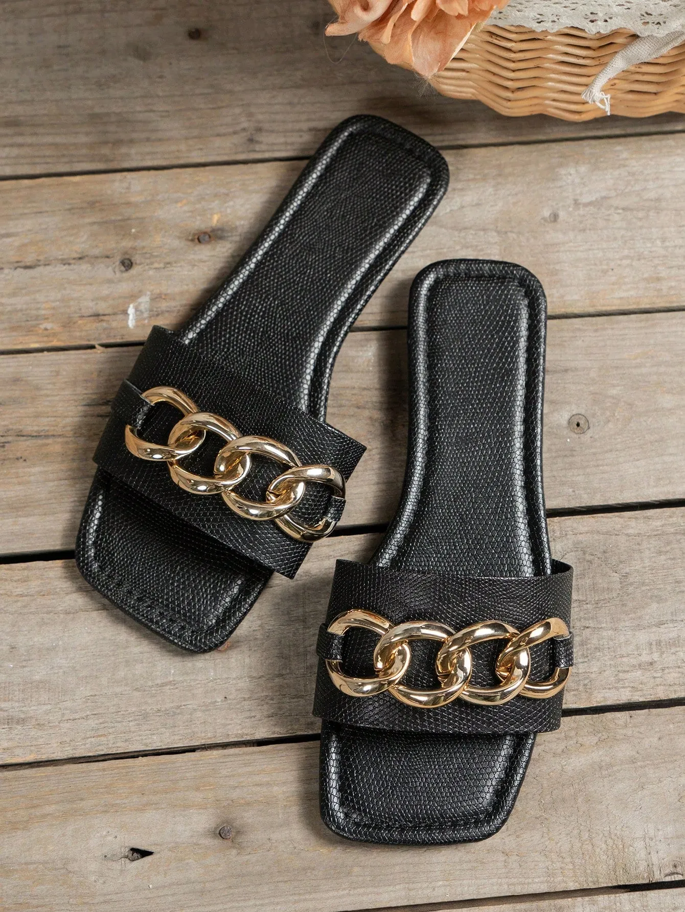 Embossed Gold Chain Flat Slouchy Sandals