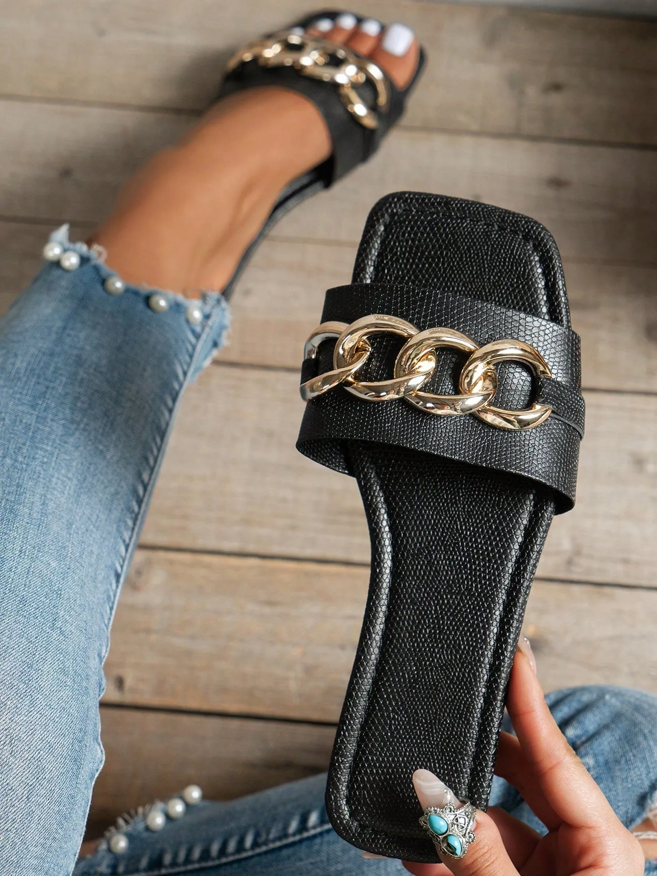 Embossed Gold Chain Flat Slouchy Sandals