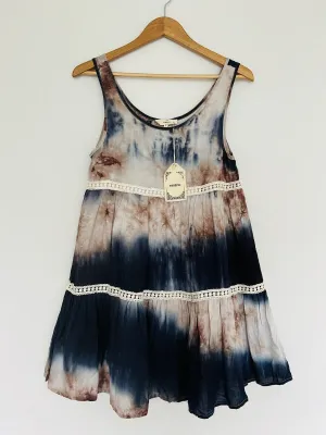 ENTRO NWT Tie Dye Tiered Tunic Dress Sz S Flowy Crochet Trim Lined Boho Western
