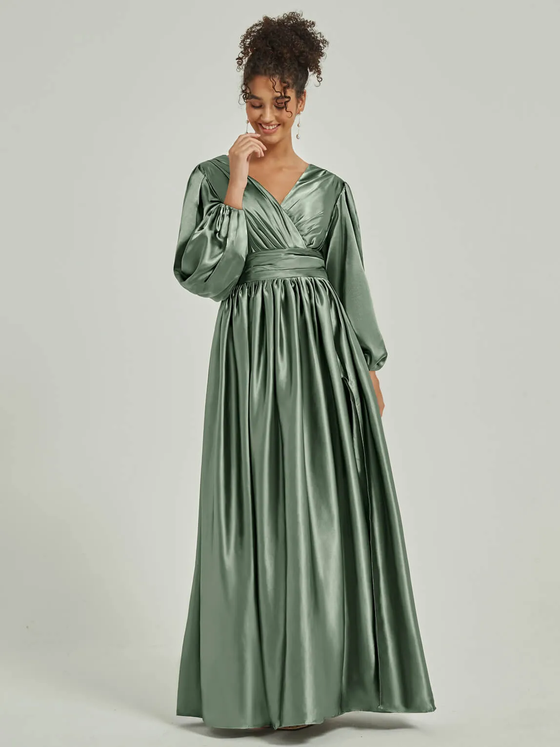 Eucalyptus Satin 3/4 Long Slit Sleeve V-Neck Slit Pleated Bridesmaid Dress