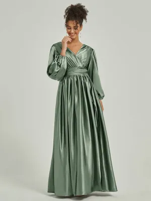 Eucalyptus Satin 3/4 Long Slit Sleeve V-Neck Slit Pleated Bridesmaid Dress