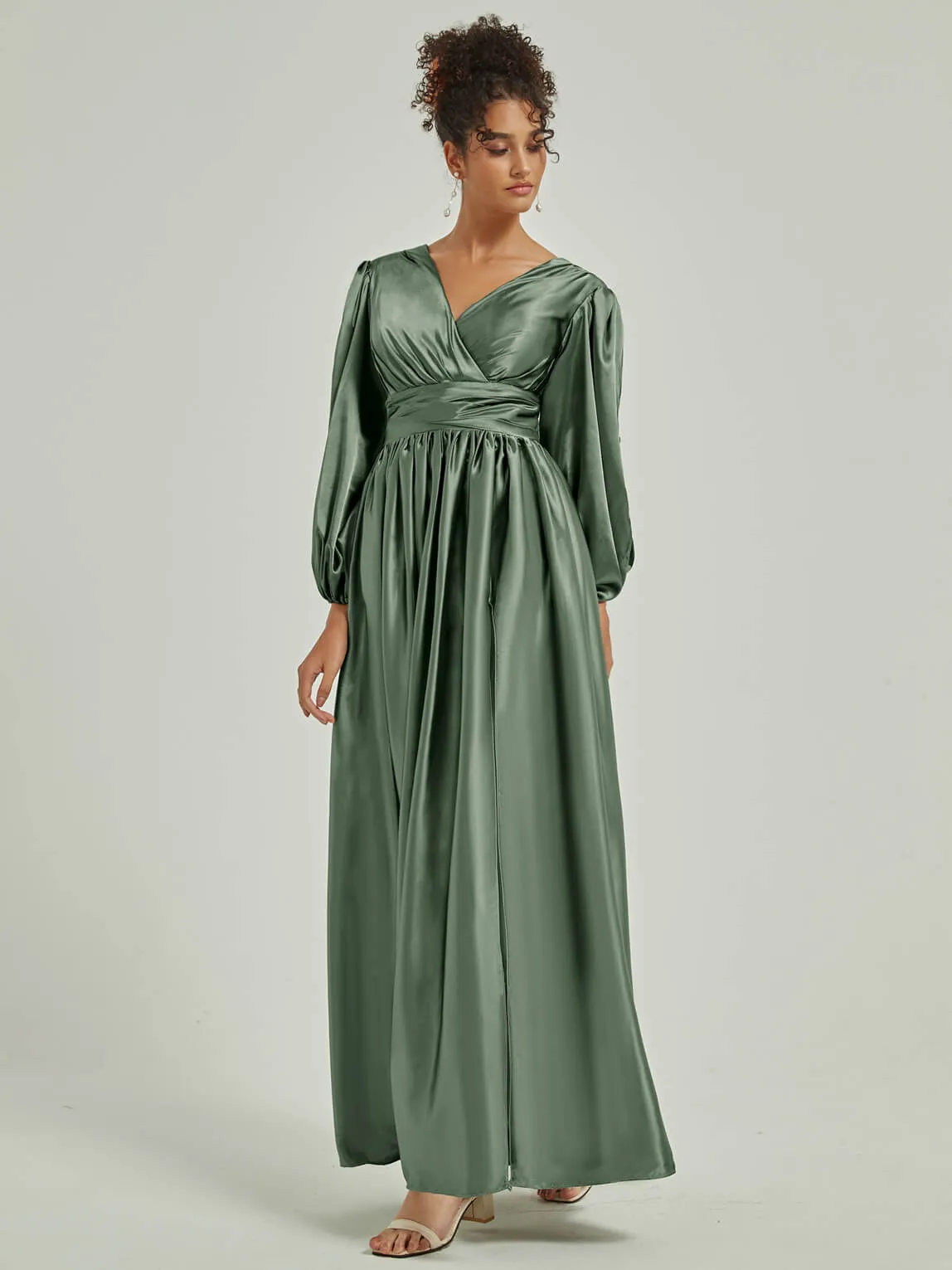 Eucalyptus Satin 3/4 Long Slit Sleeve V-Neck Slit Pleated Bridesmaid Dress
