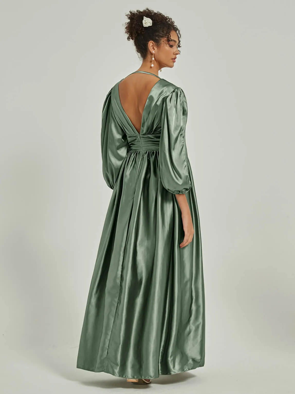Eucalyptus Satin 3/4 Long Slit Sleeve V-Neck Slit Pleated Bridesmaid Dress