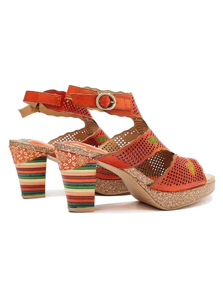 Fish Mouth Cutout Leather Colored Stripe Heel Sandals