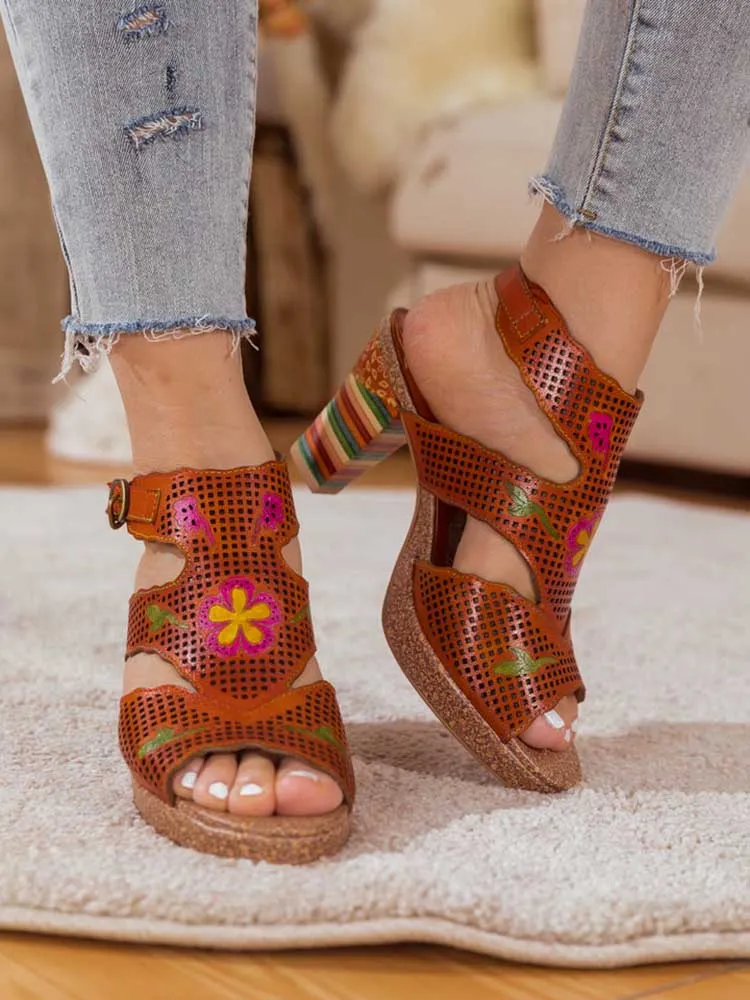 Fish Mouth Cutout Leather Colored Stripe Heel Sandals