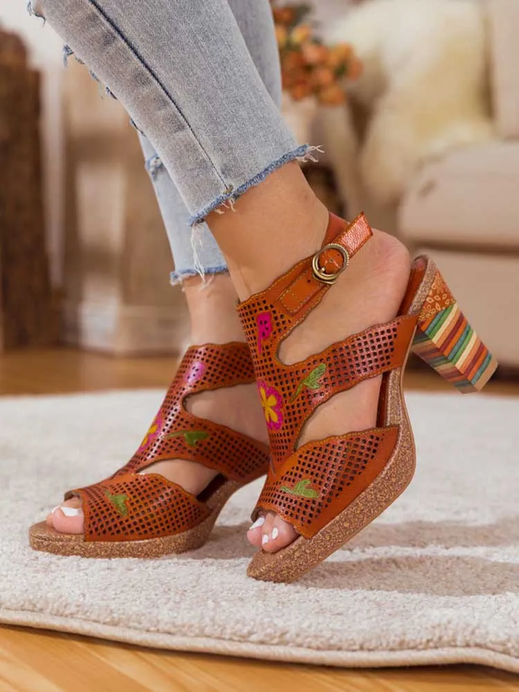Fish Mouth Cutout Leather Colored Stripe Heel Sandals