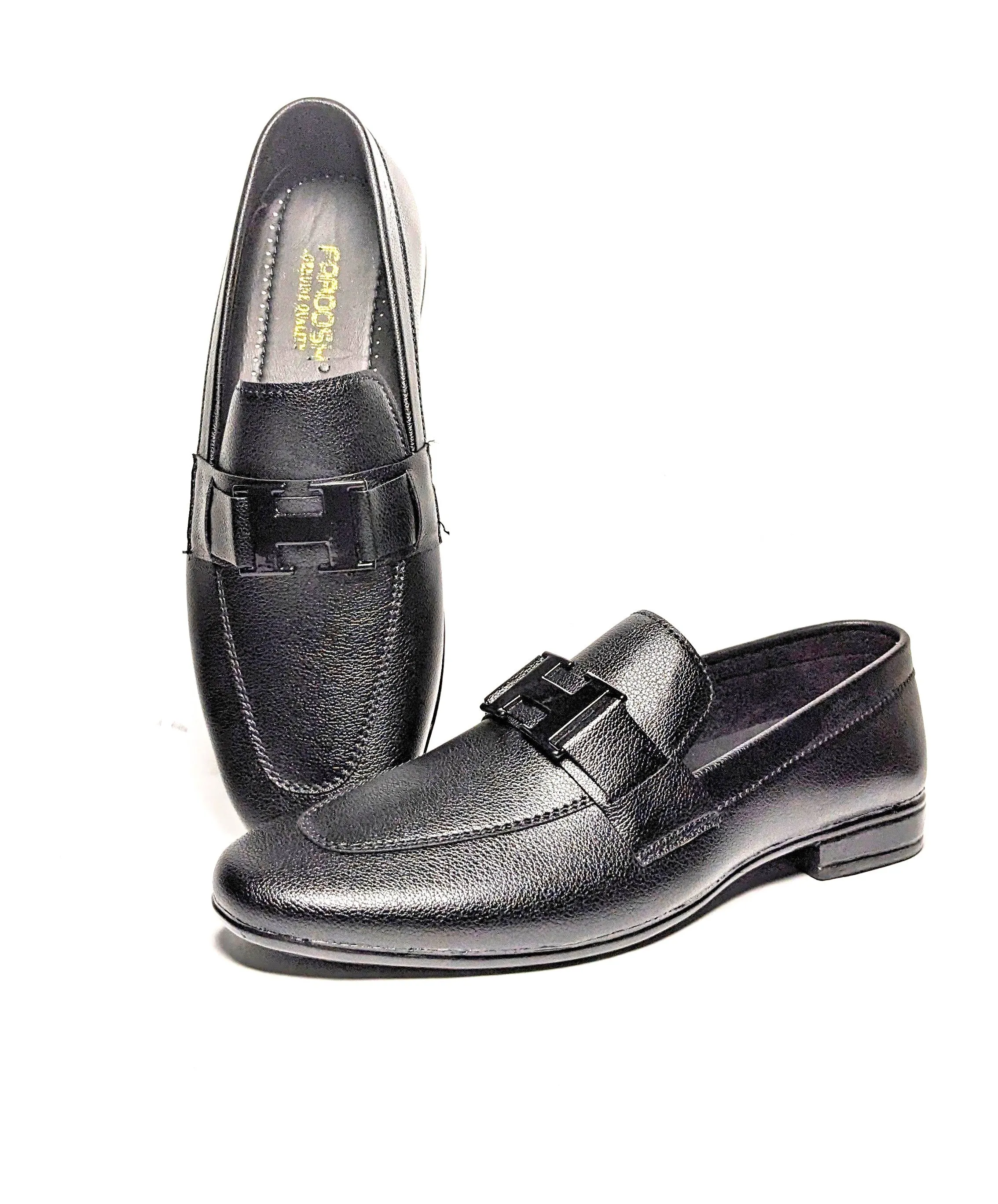 FL-02 Black Grain Leather H-Buckle Loafers for Men
