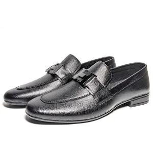 FL-02 Black Grain Leather H-Buckle Loafers for Men