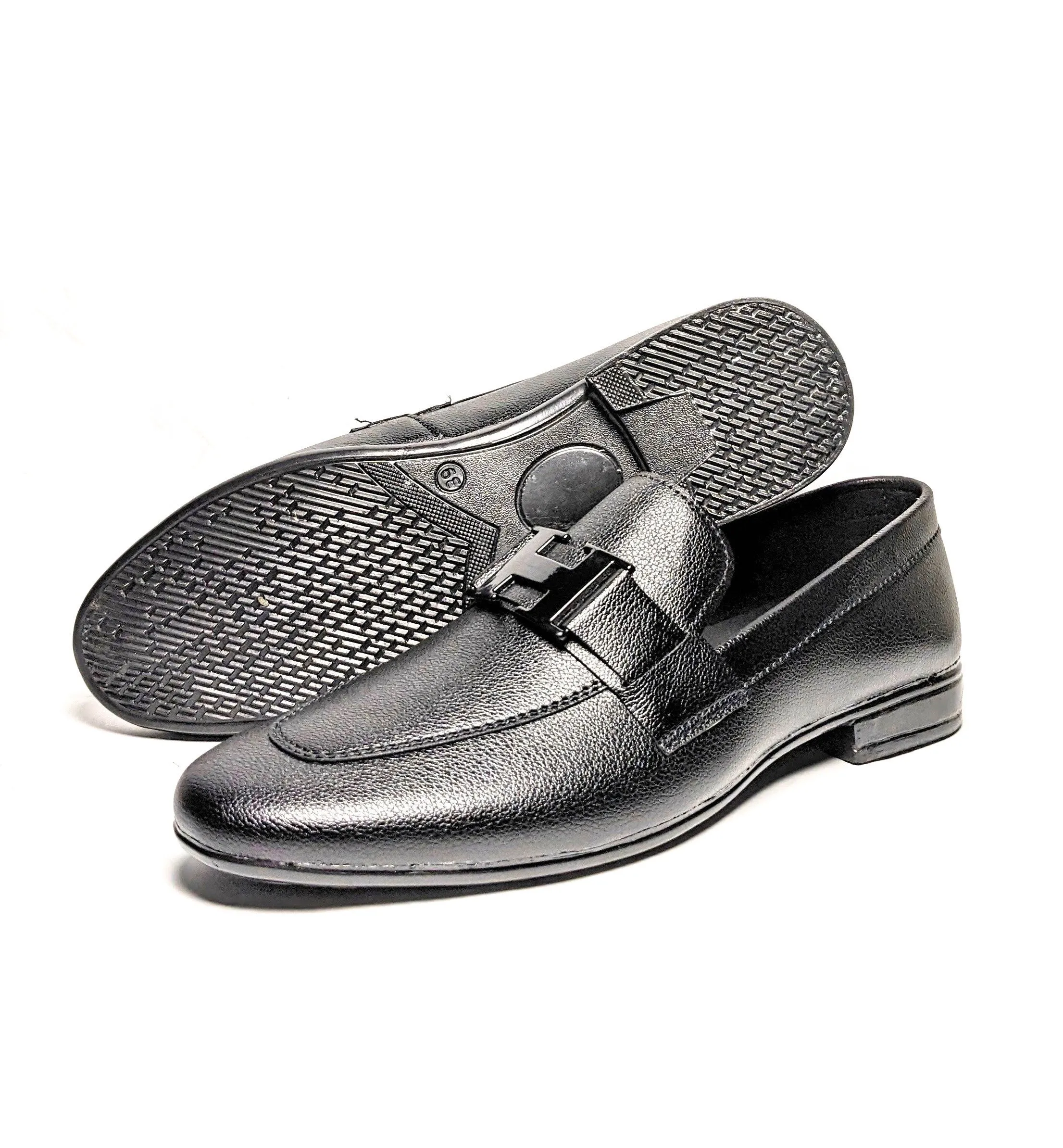 FL-02 Black Grain Leather H-Buckle Loafers for Men