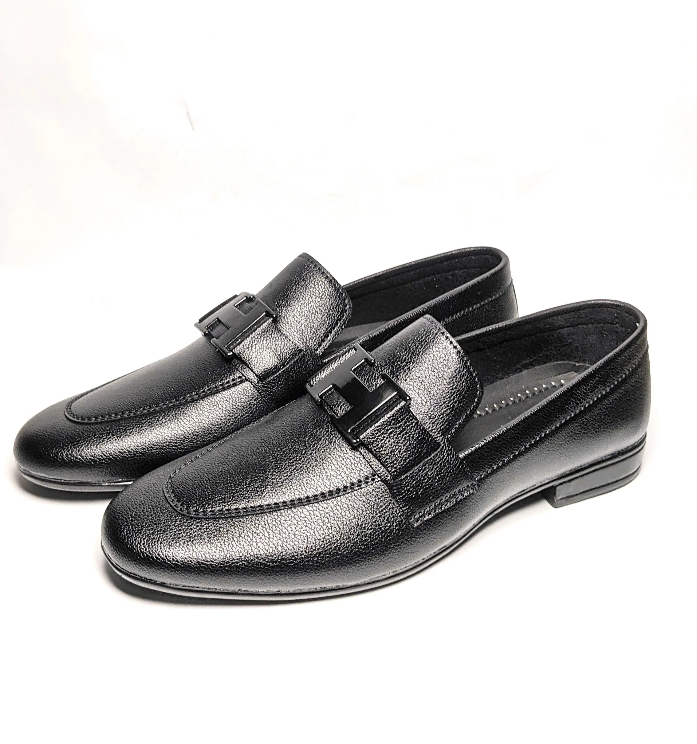 FL-02 Black Grain Leather H-Buckle Loafers for Men