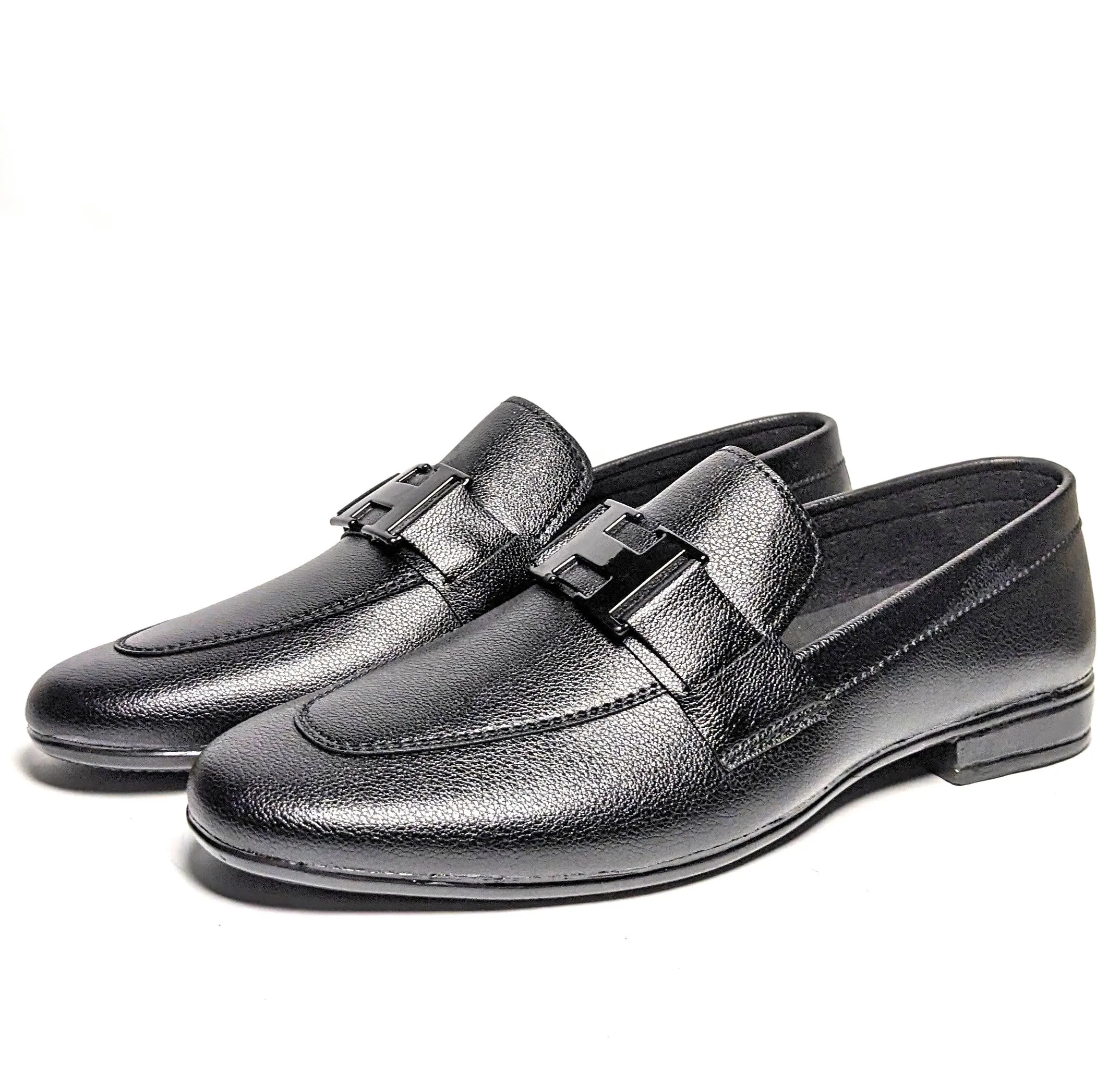 FL-02 Black Grain Leather H-Buckle Loafers for Men