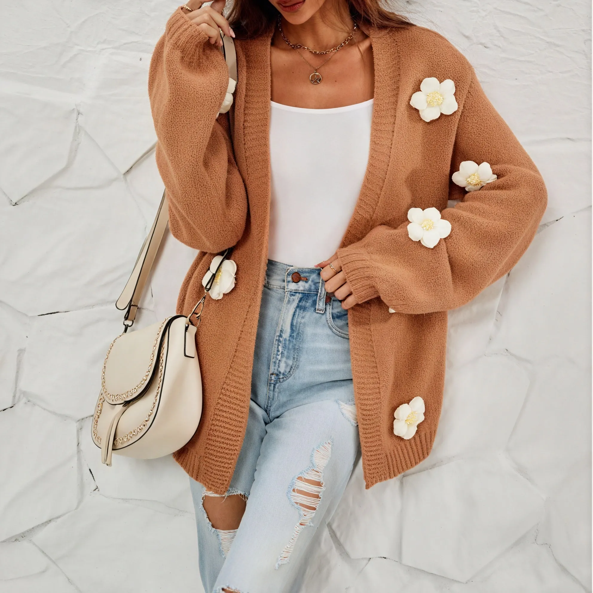 Floral Embellished Open-Front Cardigan