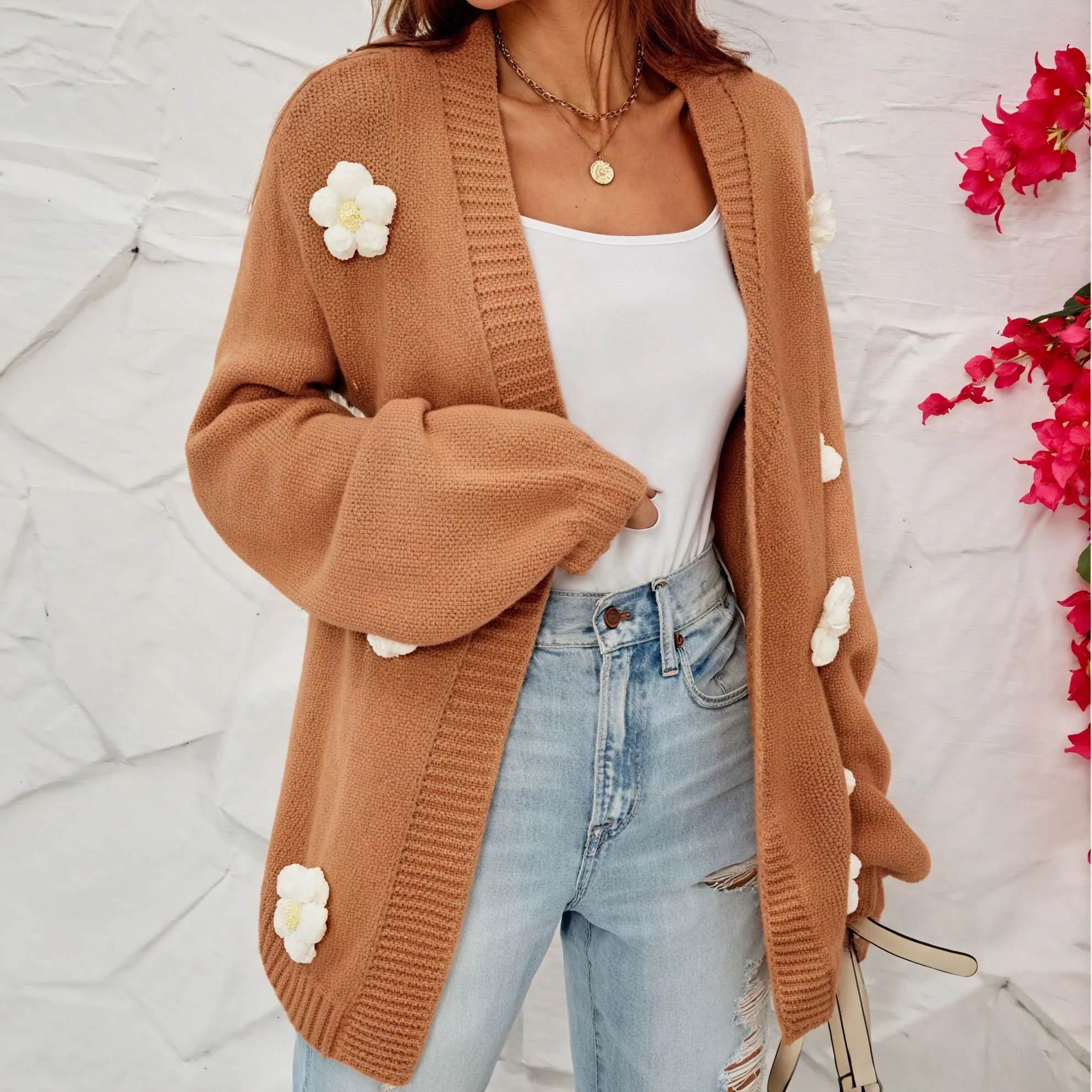Floral Embellished Open-Front Cardigan