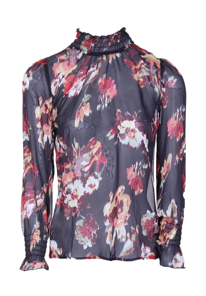 Floral Frill Black High Neck Top