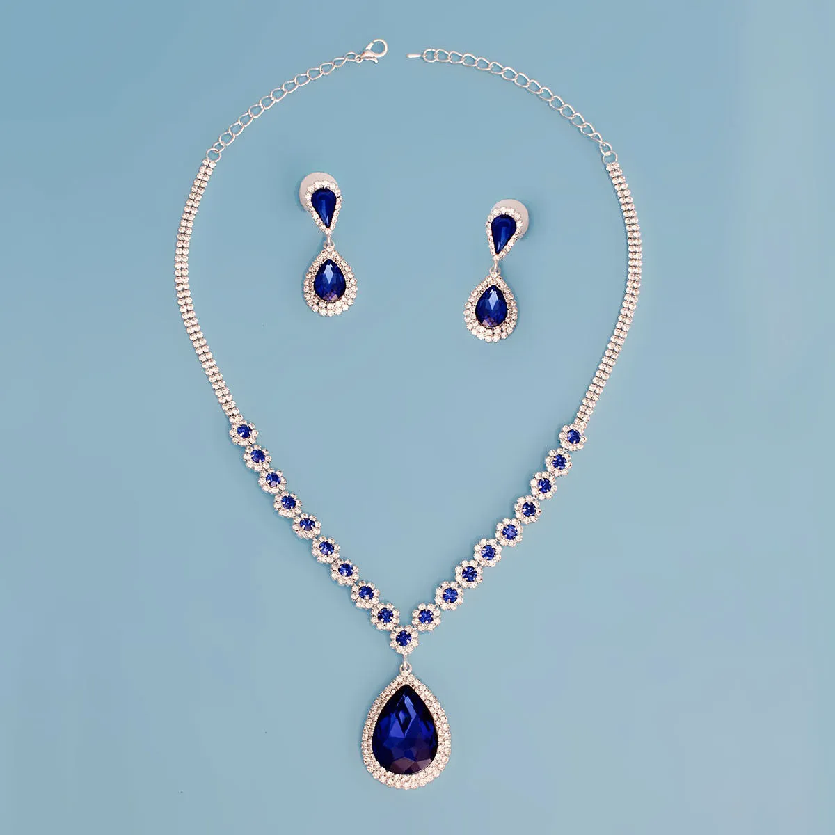 Formal Necklace Blue Teardrop Bling Set