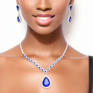 Formal Necklace Blue Teardrop Bling Set