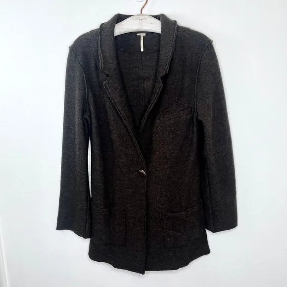 FP Beach Free People Womens Size XS Merino Wool One Button Blazer Jacket Brown