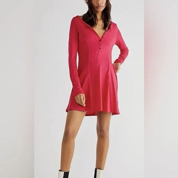 Free People FP Beach Womens Long Sleeve Miles of Beach Henley Mini Dress Blue XS