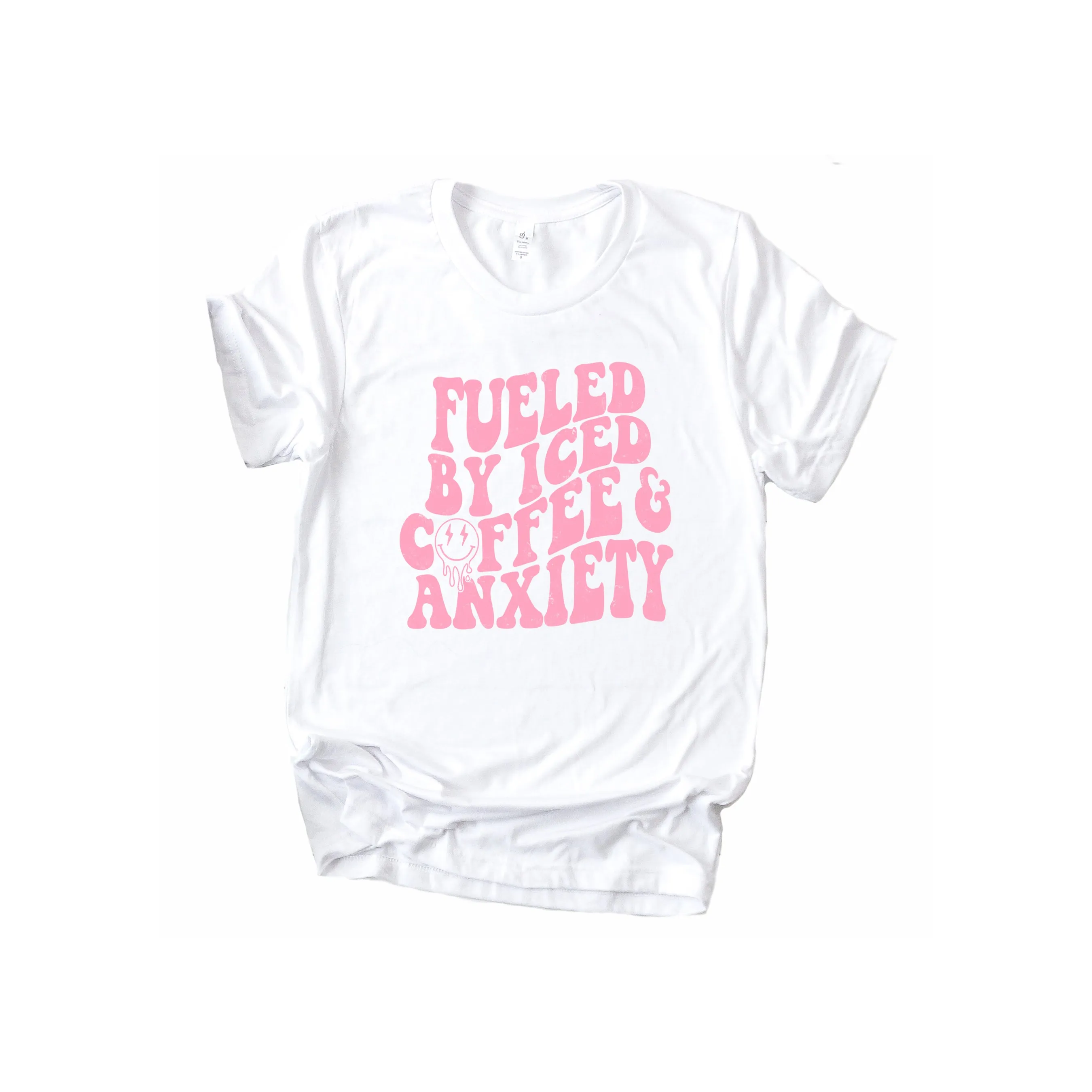 Fuled by Iced Coffee & Anxiety  - Bella   Canvas Unisex Adult Tee | Pink ink