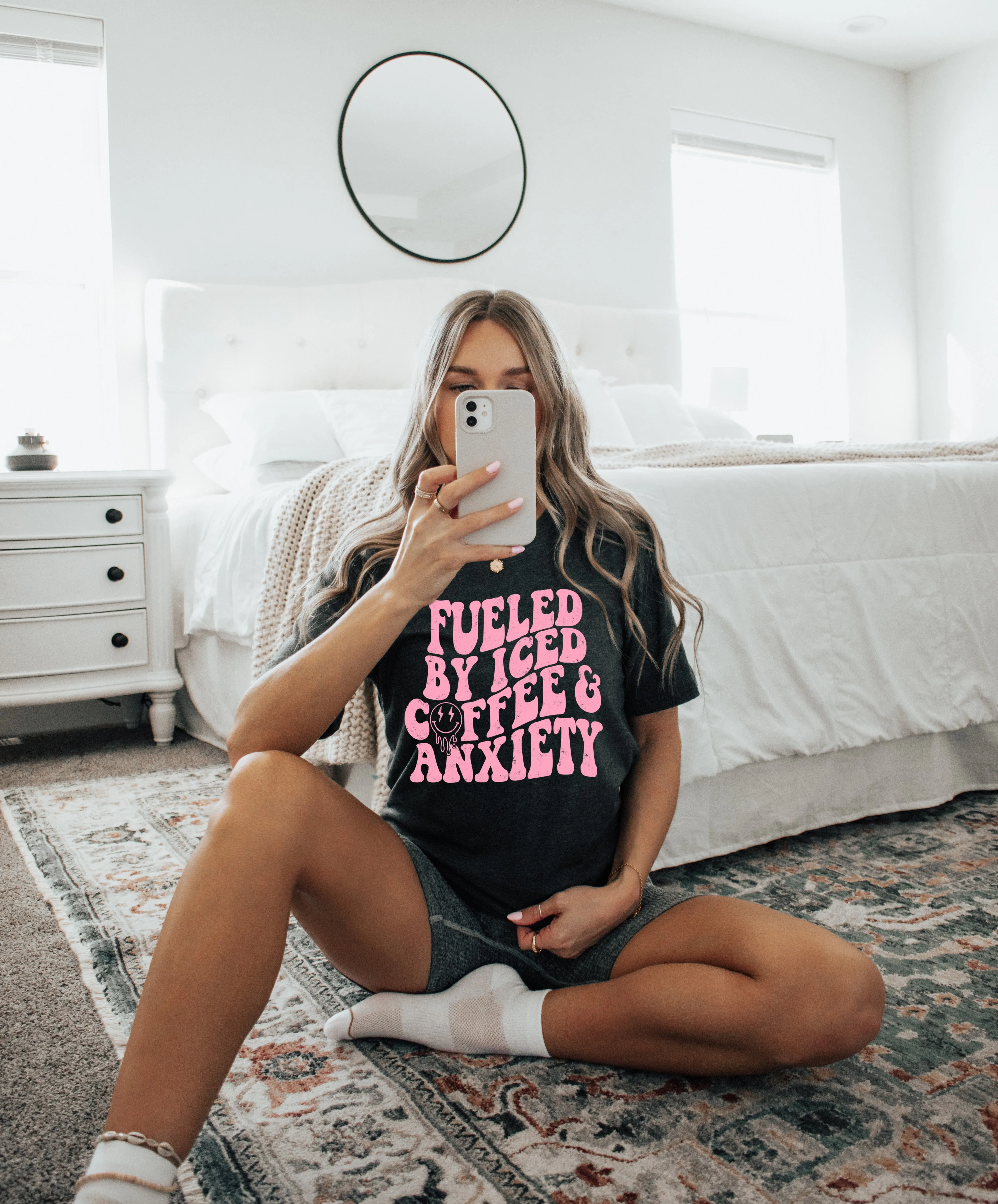 Fuled by Iced Coffee & Anxiety  - Bella   Canvas Unisex Adult Tee | Pink ink