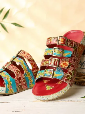 Genuine Leather Multi Straps Floral Embossed Sandals - Red