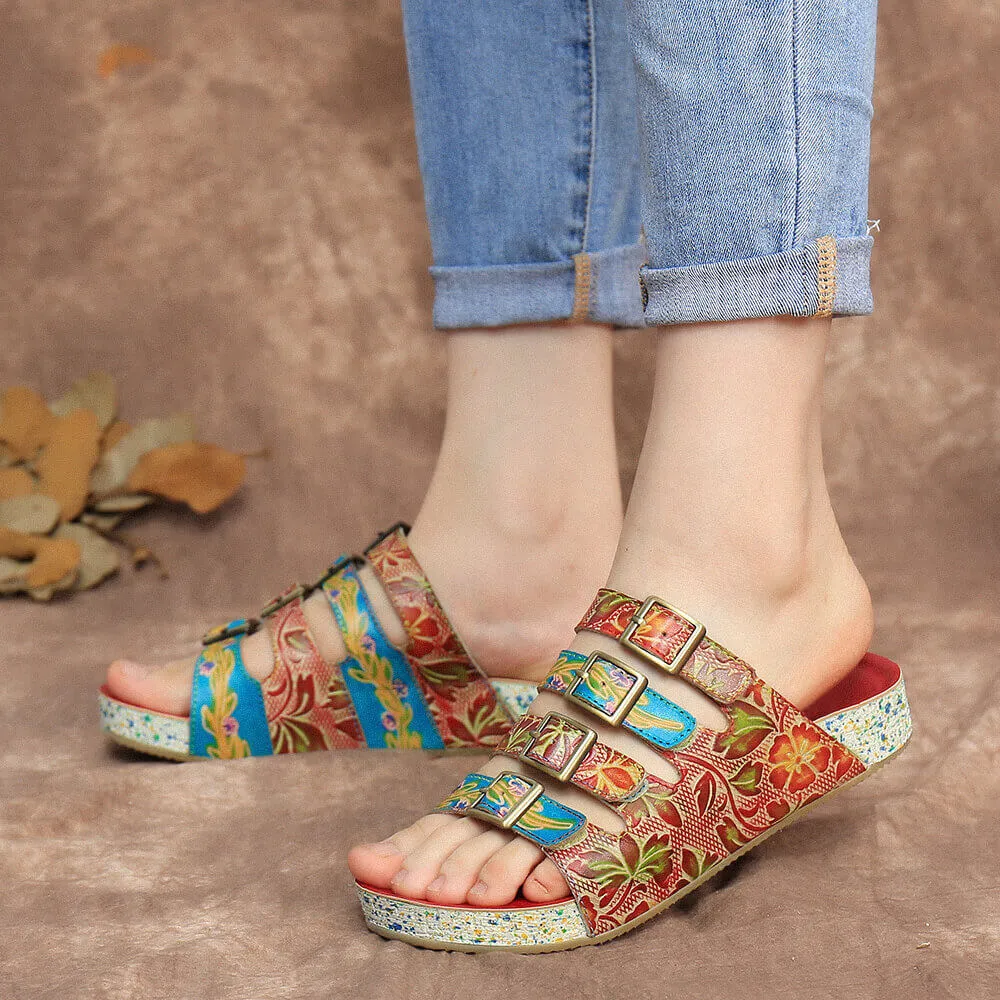 Genuine Leather Multi Straps Floral Embossed Sandals - Red