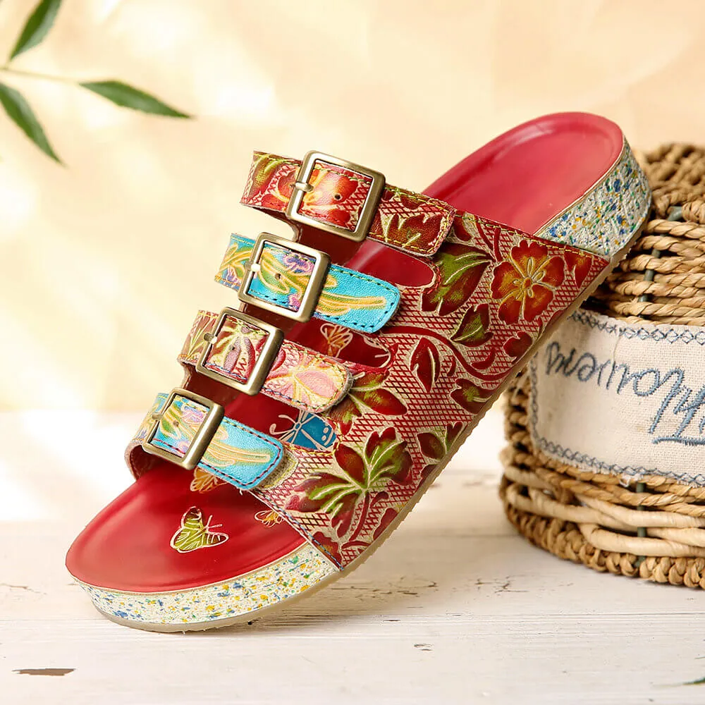 Genuine Leather Multi Straps Floral Embossed Sandals - Red