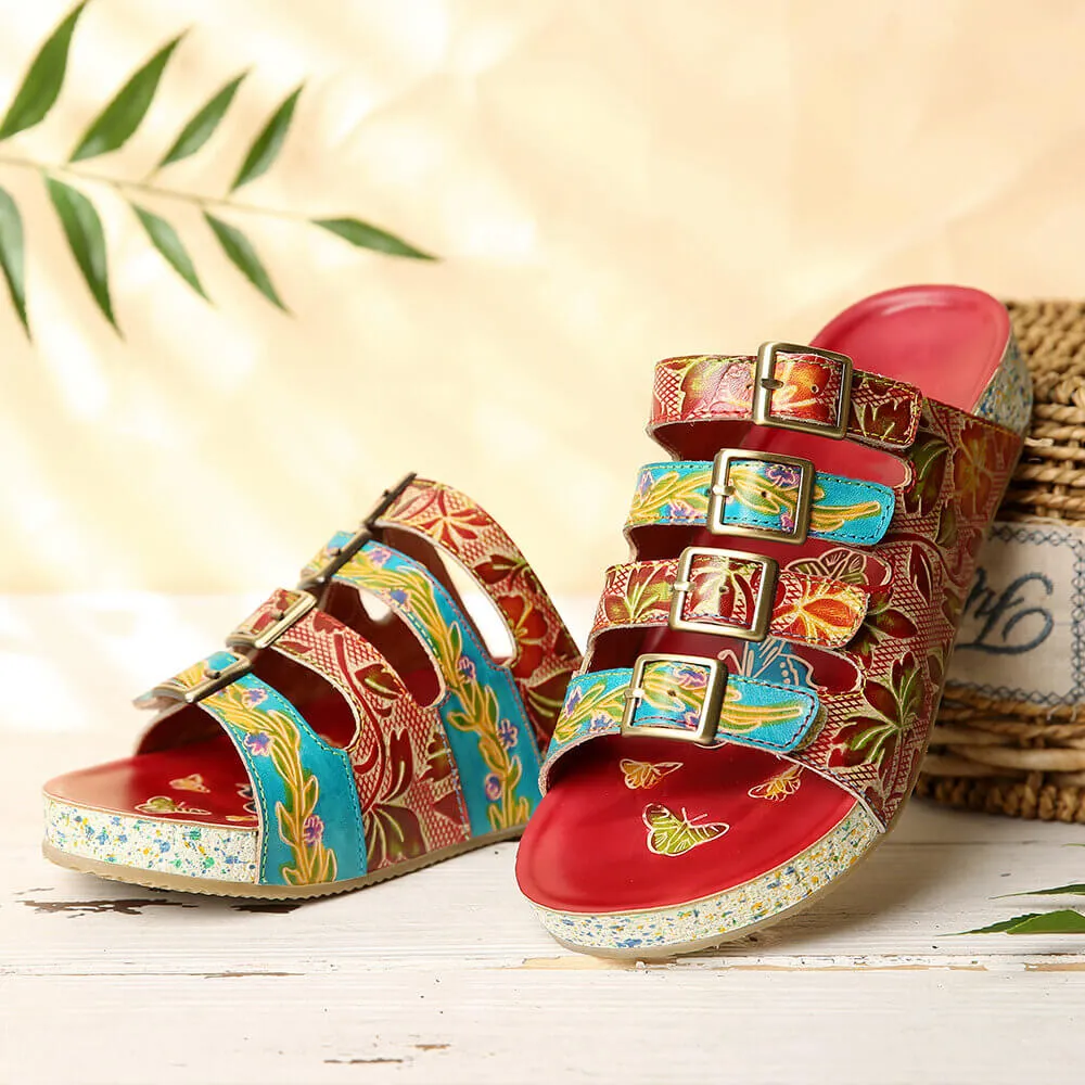 Genuine Leather Multi Straps Floral Embossed Sandals - Red