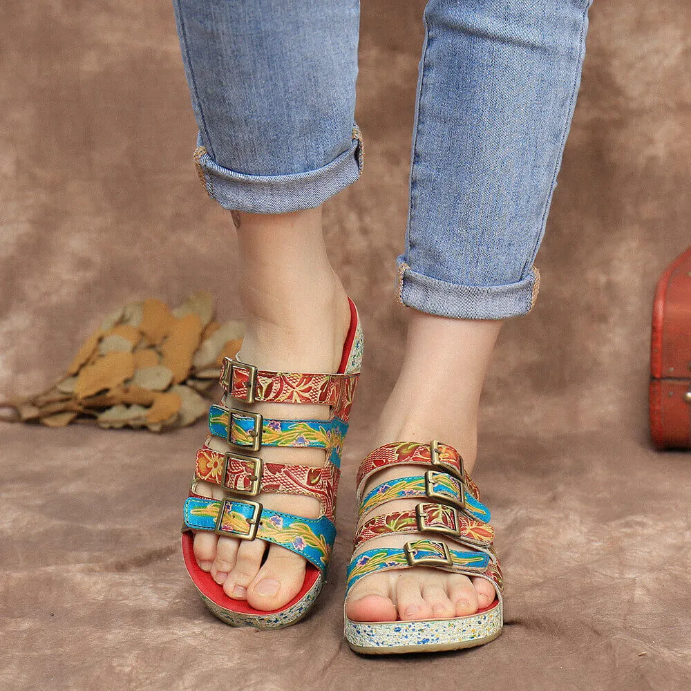 Genuine Leather Multi Straps Floral Embossed Sandals - Red