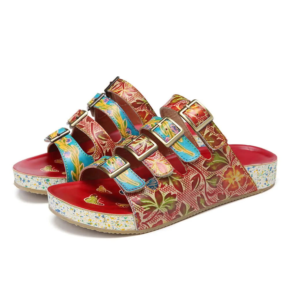 Genuine Leather Multi Straps Floral Embossed Sandals - Red