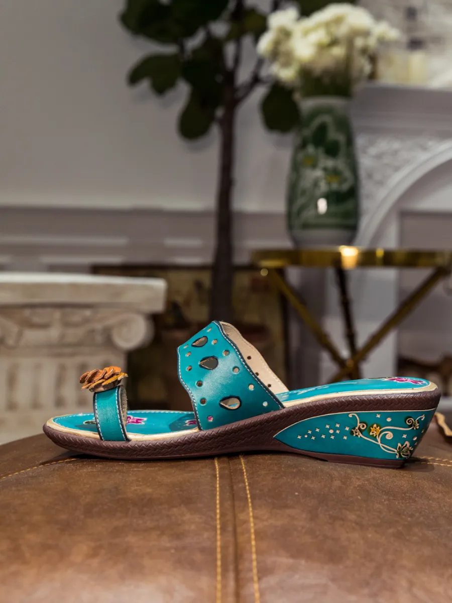 Genuine Leather Pine Ring Toe Perforated Floral Sandals - Teal