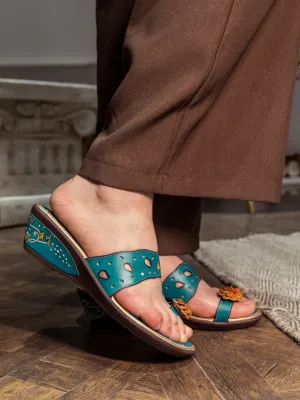Genuine Leather Pine Ring Toe Perforated Floral Sandals - Teal
