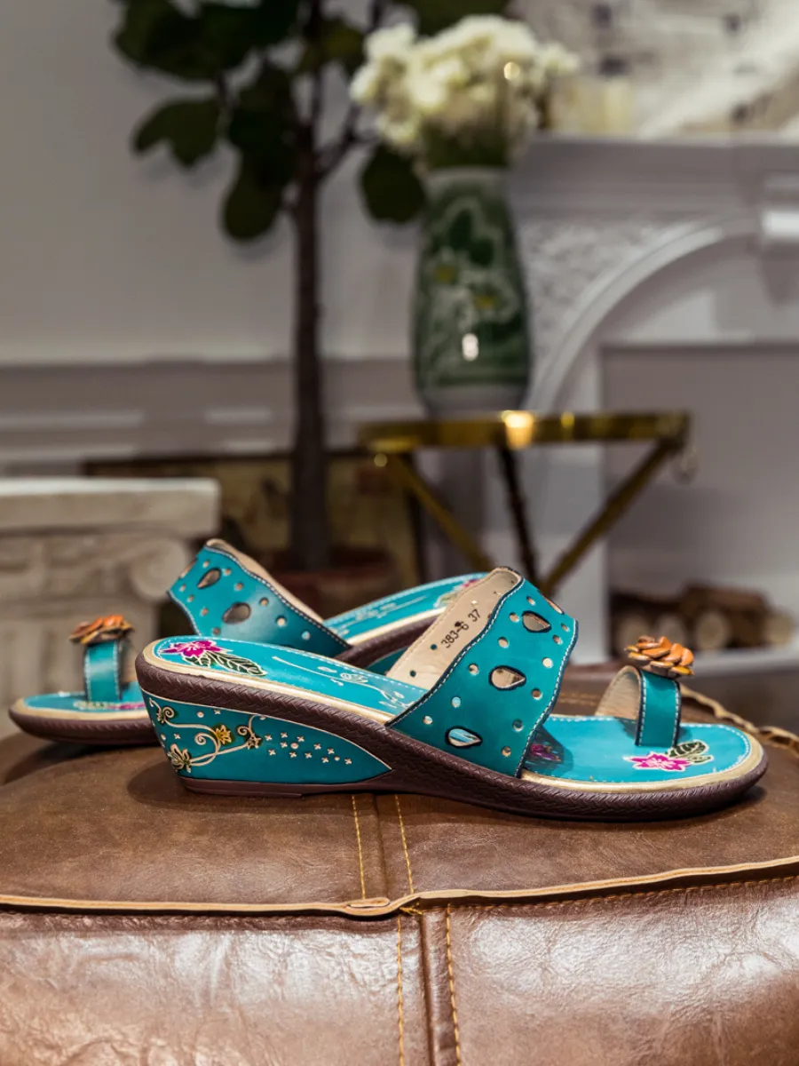 Genuine Leather Pine Ring Toe Perforated Floral Sandals - Teal