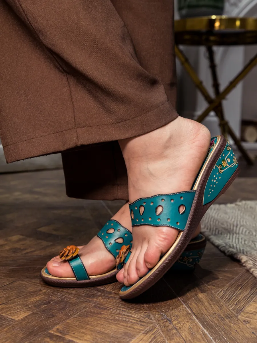 Genuine Leather Pine Ring Toe Perforated Floral Sandals - Teal