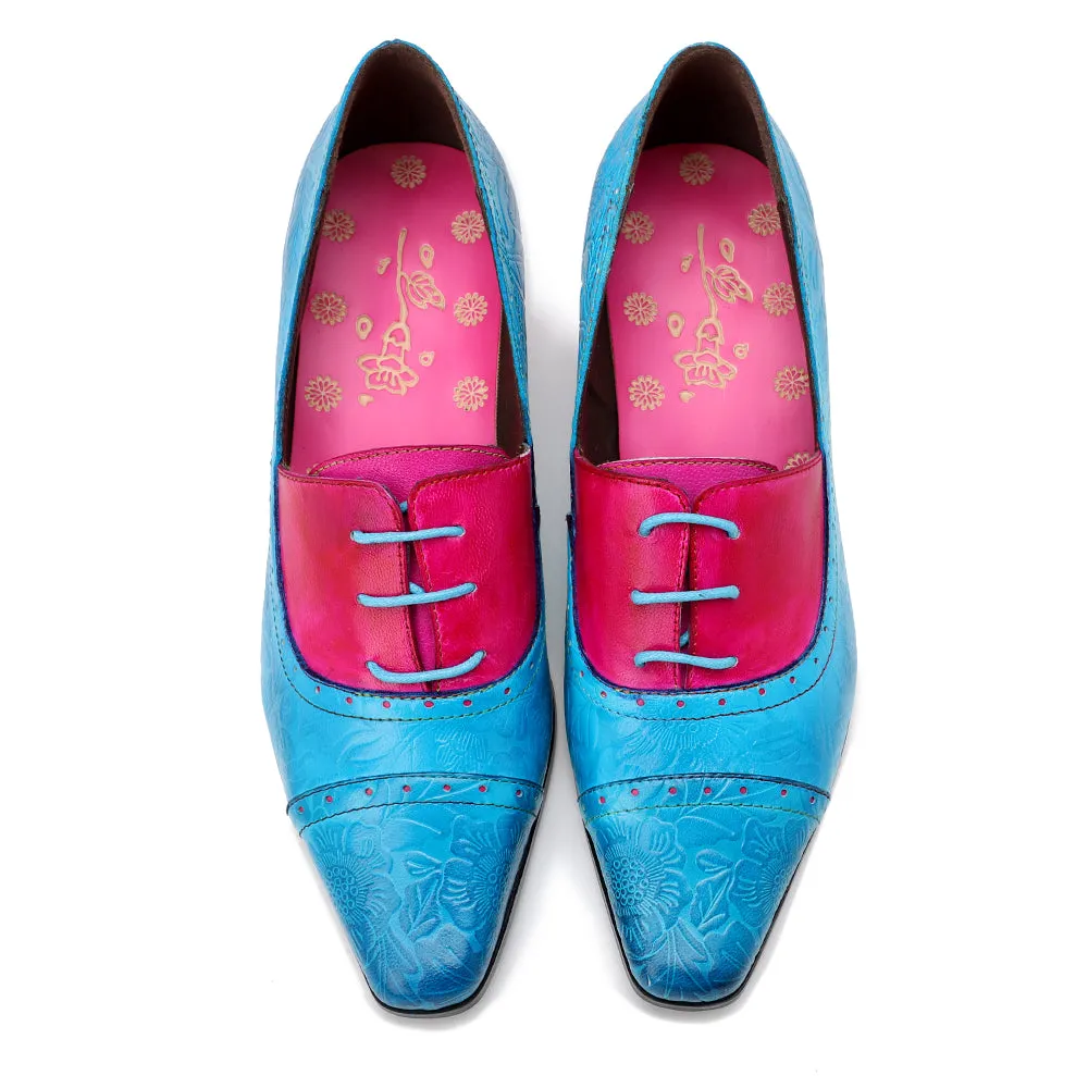 Genuine Leather Sunflower Embossed Kitten Heel Oxford Shoes