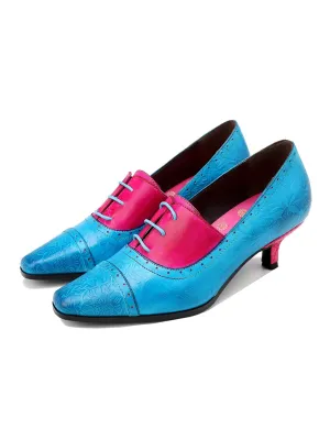 Genuine Leather Sunflower Embossed Kitten Heel Oxford Shoes