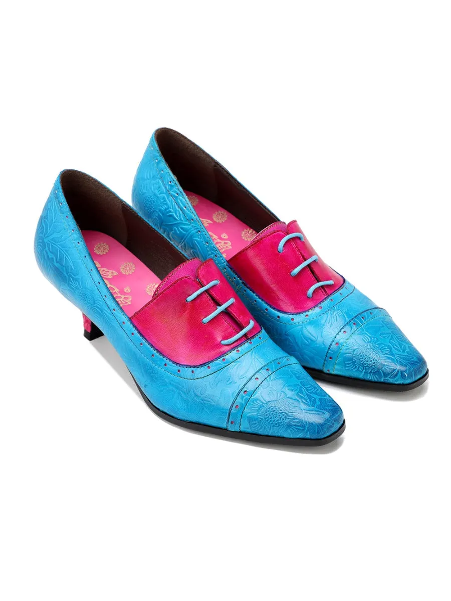 Genuine Leather Sunflower Embossed Kitten Heel Oxford Shoes