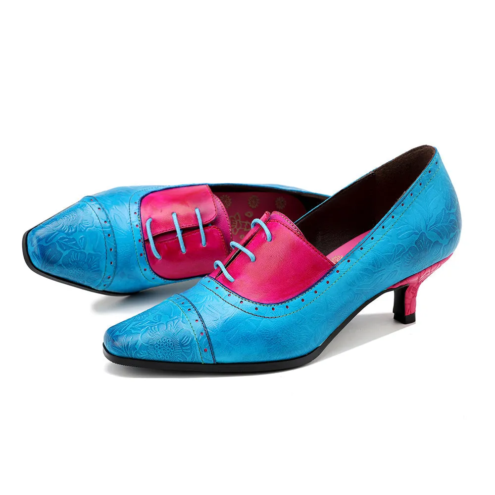 Genuine Leather Sunflower Embossed Kitten Heel Oxford Shoes