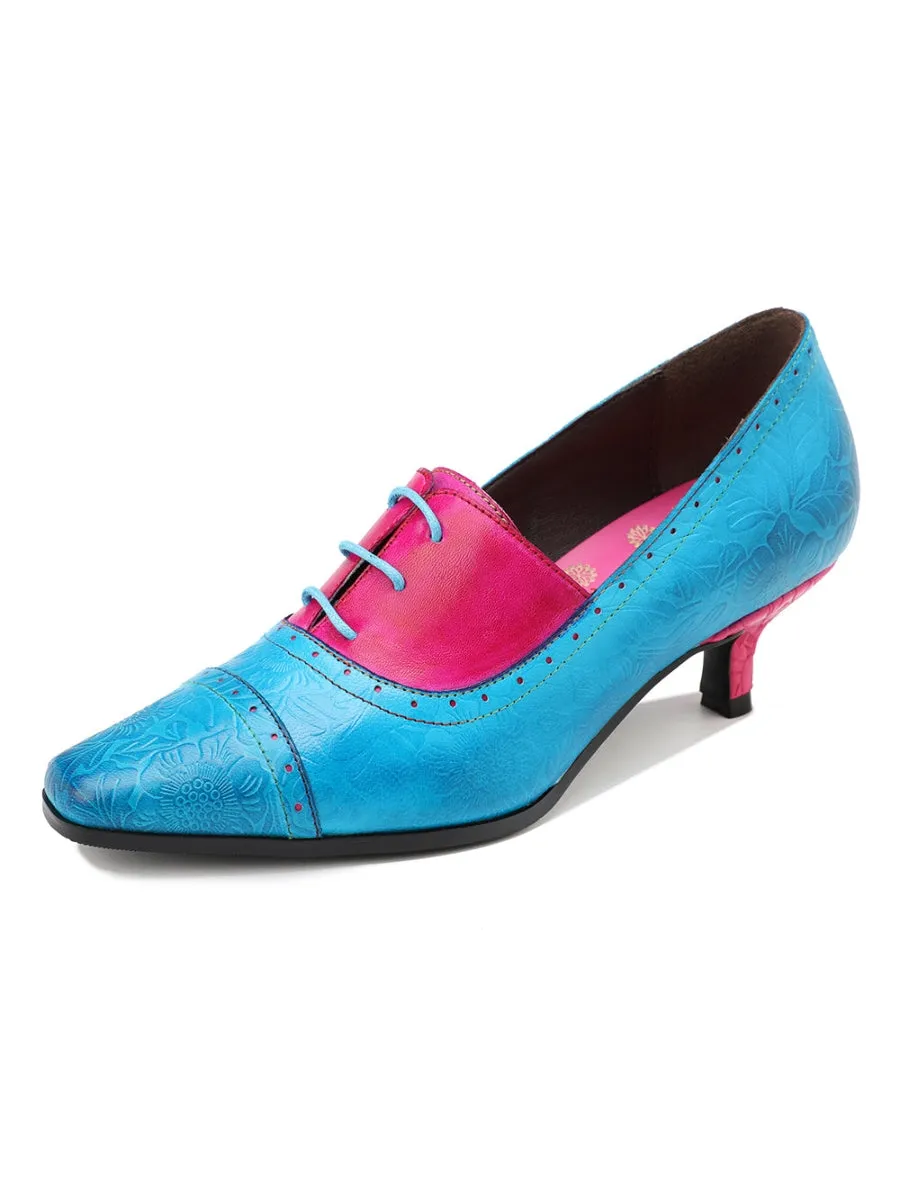 Genuine Leather Sunflower Embossed Kitten Heel Oxford Shoes
